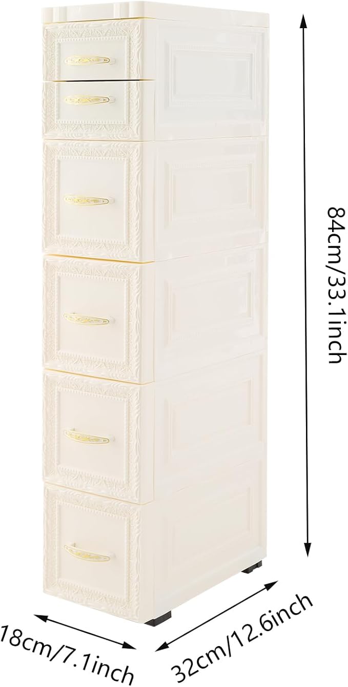 5-Tier Plastic Drawers Storage Dresser, 33"H Narrow Slim Storage Organizer Vertical Drawer Unit, Rolling Thin Storage Tower with Wheels for Small Spaces Gaps Home Furniture (White)