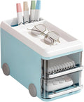 LETURE Cute Desk Organizer with drawers, Plastic Desktop Storage for Business Card/Pen/Pencil/Mobile Phone/Stationery Holder Box, Desktop Organizer for Office School Home (Blue)