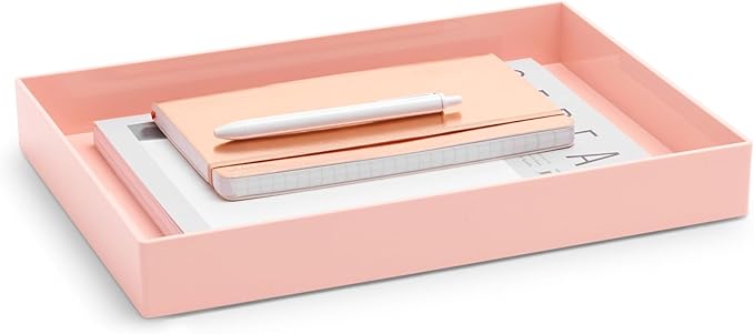 Poppin Stackable Large Accessory Tray - Modular Lacquer Desk Trays for Office Organization, Color-Coordinated Office Supplies for Desk, Paper Trays (Blush Pink, Large Accessory)