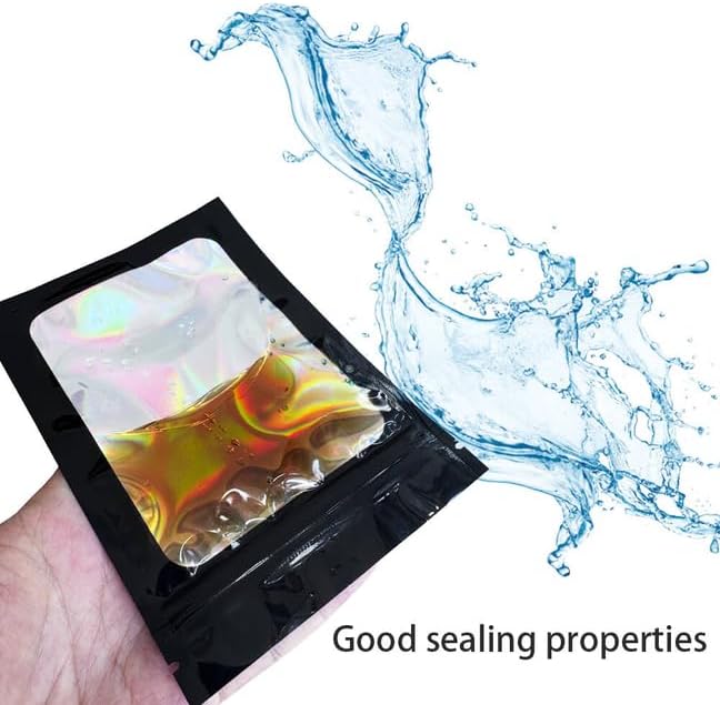 100 Pack Holographic Packaging Bags Resealable Candy Bags with Clear Window Foil Pouch Bag for Lipgloss, Jewelry, Sample Bag for Small Business (Black, 4.7x7.9 Inch)