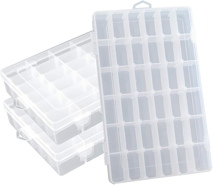 Plastic Organizer Container Box 36 Compartments Jewelry Storage Box with Adjustable Dividers (3 Pack)