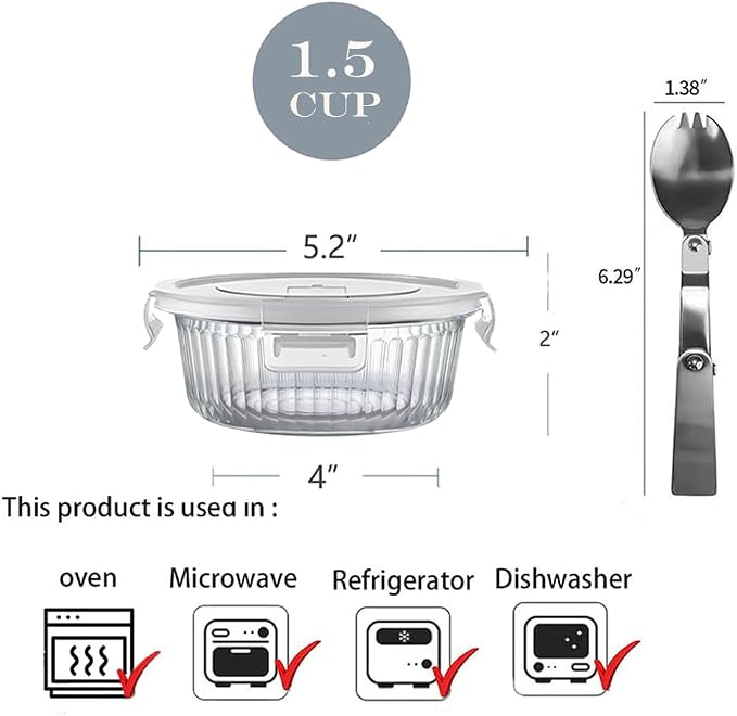 H.JSS WDJS 1.5 cup Round Glass Food Containers with Lids and Spoon, 12oz Small Glass Lunch Storage Containers, Small Round Meal Prep Bowls for Office, Outdoor. Microwave, Freezer, Dishwashe safe