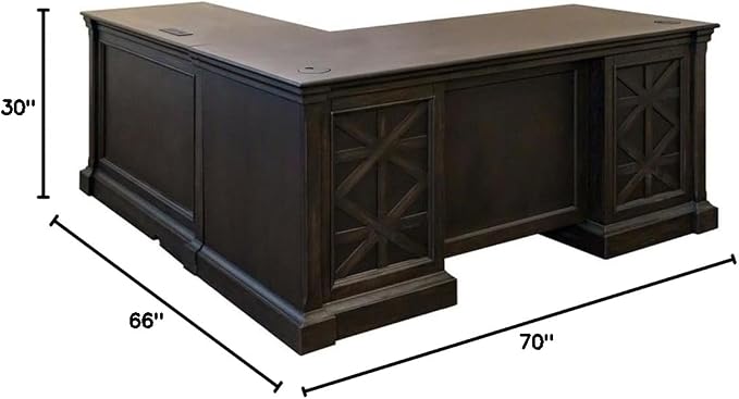 Pemberly Row 66" W Wood L-Desk & Return Writing Table, Dark Brown Finish, Keyboard Drawer, Locking File Drawers, Utility Storage, Wire Management, AC Power Outlets, Home Office Desk