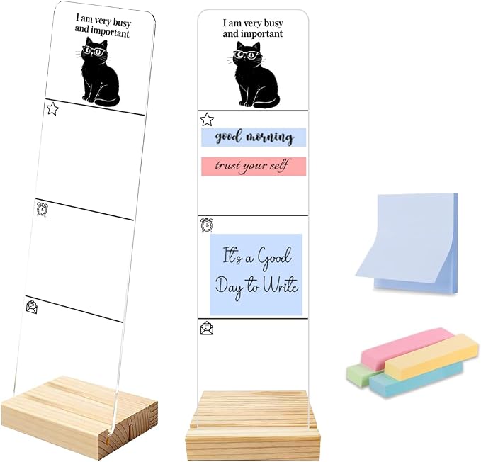 Monitor Memo Board, Sticky Note Holder, Sticky Note Board for Desk, Acrylic Desk Buddy with Wooden Base, Includes 200 Notes, Funny Cat “I Am Very Busy and Important”