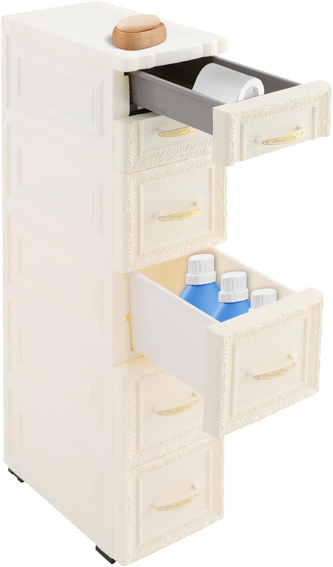 5-Tier Plastic Drawers Storage Dresser, 33"H Narrow Slim Storage Organizer Vertical Drawer Unit, Rolling Thin Storage Tower with Wheels for Small Spaces Gaps Home Furniture (White)