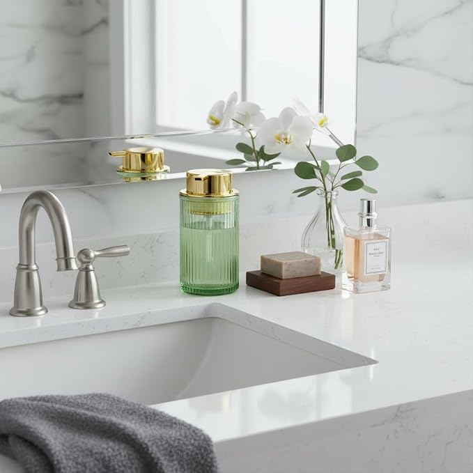 Foaming Soap Dispenser, Bathroom Green Glass Foam Soap Dispenser, Refillable 12 Oz Foam Pump Bottle Container with Gold Pump, Decorative Slim Ribbed Dish Soap Dispenser for Kitchen