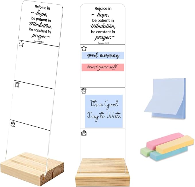 Sticky Note Holder, Monitor Memo Board, Sticky Note Board for Desk, Acrylic Desk Buddy with Wooden Base, Includes 200 Notes, Religious “Rejoice in Hope”