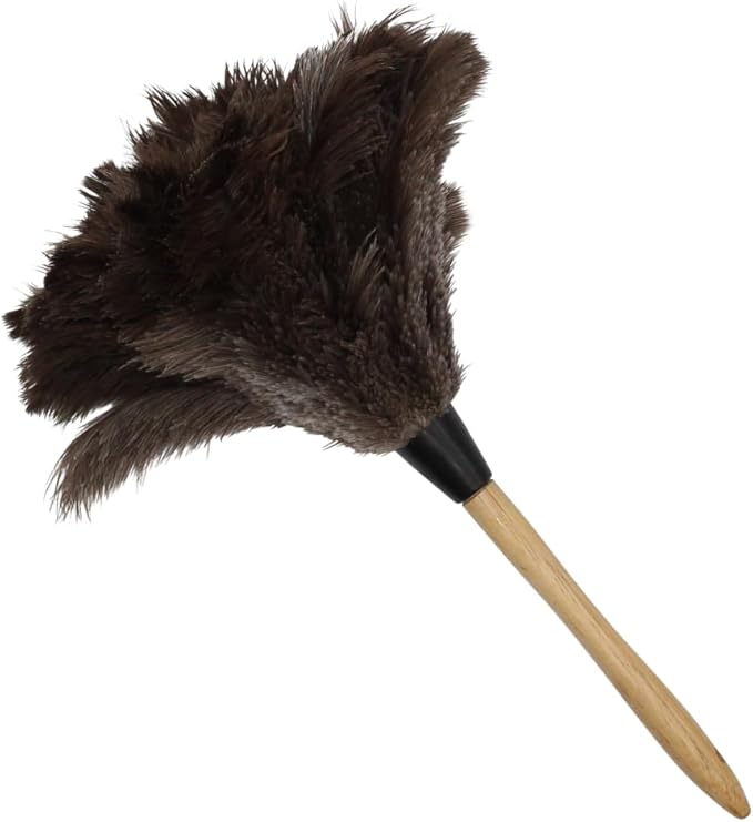 Feather Duster with Ostrich Feathers Wooden Handle 14" – Natural Reusable Duster for Cleaning, Furniture & Shelves, Blinds, Ceiling Fan, Dusting Tool for Home, Office, Delicate Surfaces - 1 Pack