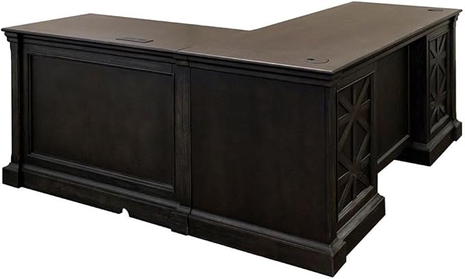 Pemberly Row 66" W Wood L-Desk & Return Writing Table, Dark Brown Finish, Keyboard Drawer, Locking File Drawers, Utility Storage, Wire Management, AC Power Outlets, Home Office Desk