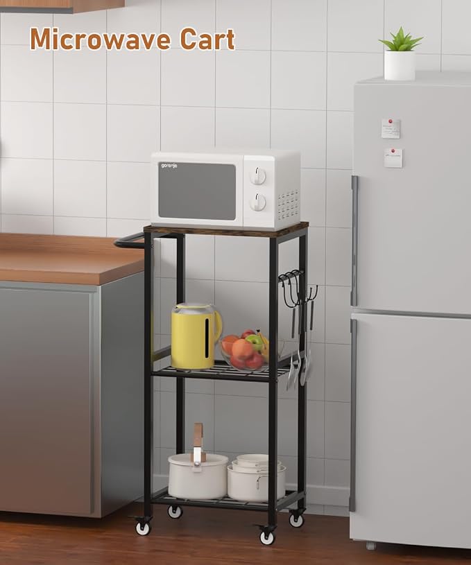 Kitchen Microwave Stand Cart with Storage Rack, 3-Tier Rolling Kitchen Side Table on Wheels with 8 Hooks, Utility Small Coffee Shelf Organizer for Living Room, Bedroom, Bathroom, Office, Black