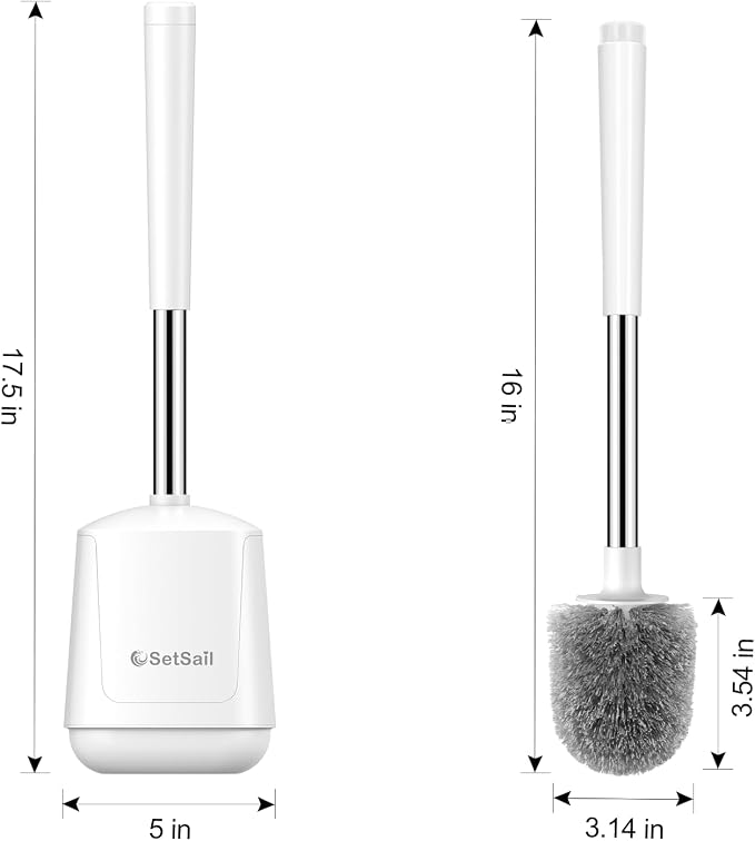 SetSail Toilet Brush, Self Closing Lid Toilet Bowl Brushes Holder and Extra Long Handle Ventilated Toilet Brush Set for Bathroom Cleaning, Nylon Bristles, Pure White
