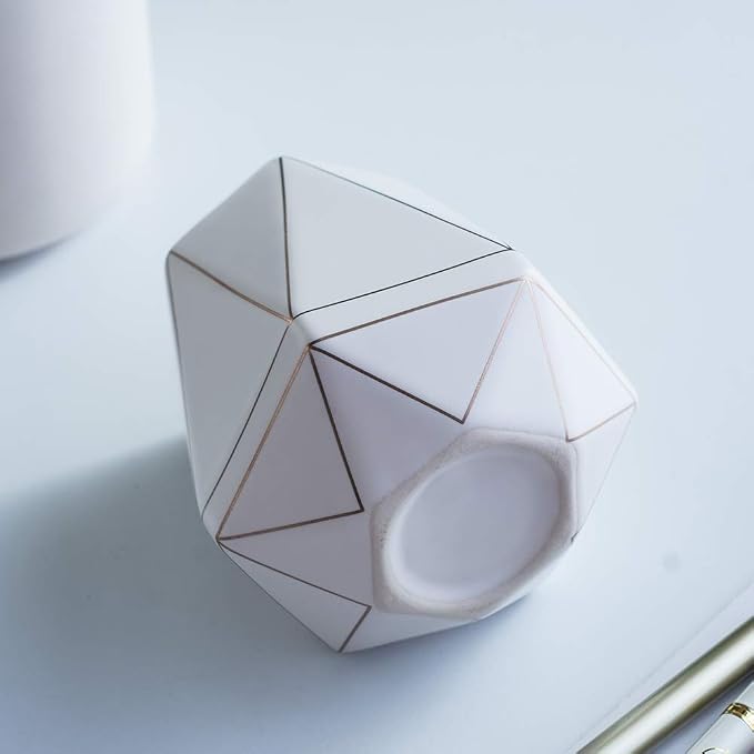 Ceramic Desk Cute Pen Holder Stand Gold Line Pencil Cup Pot Desk Organizer Makeup Brush Holder (White)