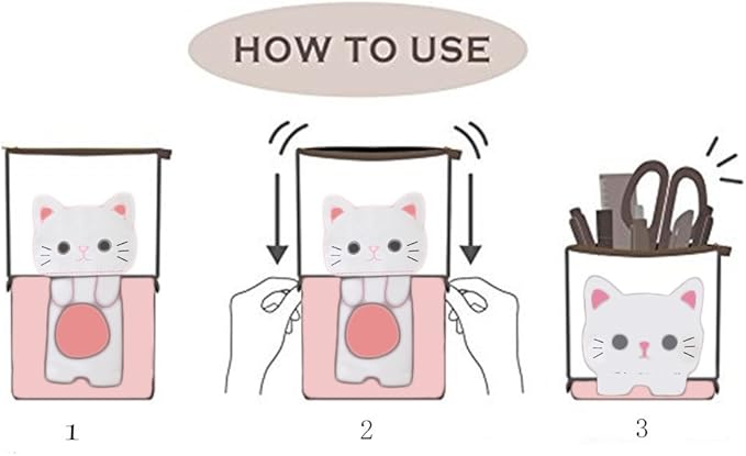 iSuperb Standing Pencil Pouch Pencil Case Cute Cat Telescopic with Zipper Canvas Kwaii Cartoon Pencil Bag Stationery Box for Kids Girls Boys School Supplies 7.5 x 4.9 x 3.0inch/4.1x 3.0inch