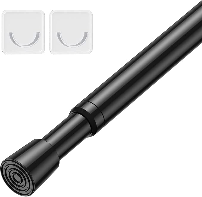 Tension Curtain Rod 26-39 Inch No Drilling Spring Loaded Curtain Rods Adjustable Extendable Tension Rods for Window Closet Bookshelf Kitchen Bathroom, Black