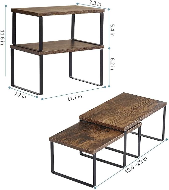 MOOACE Kitchen Counter Shelf, Stackable Cabinet Shelf Organizers Expandable Countertop Shelf for Pantry - Set of 4 - Brown | Stackable & Expandable Spice Rack, Space-Saving Pantry Organizers Bathroom Countertop Storage, Rustic Brown
