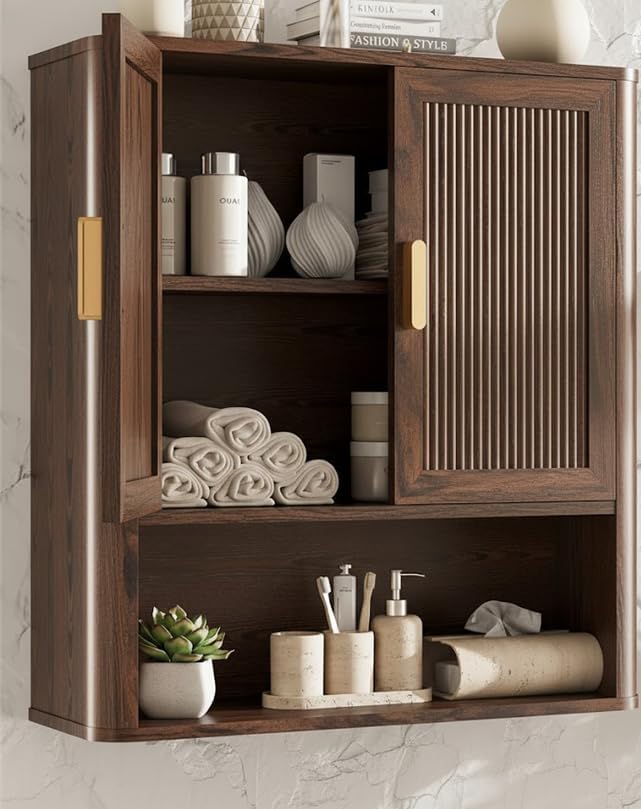 INNOD Bathroom Storage Cabinet, Medicine Cabinet with Adjustable Wood Shelf & Doors, Over The Toilet Storage Cabinet for Laundry Room & Kitchen & Living Room (Walnut)