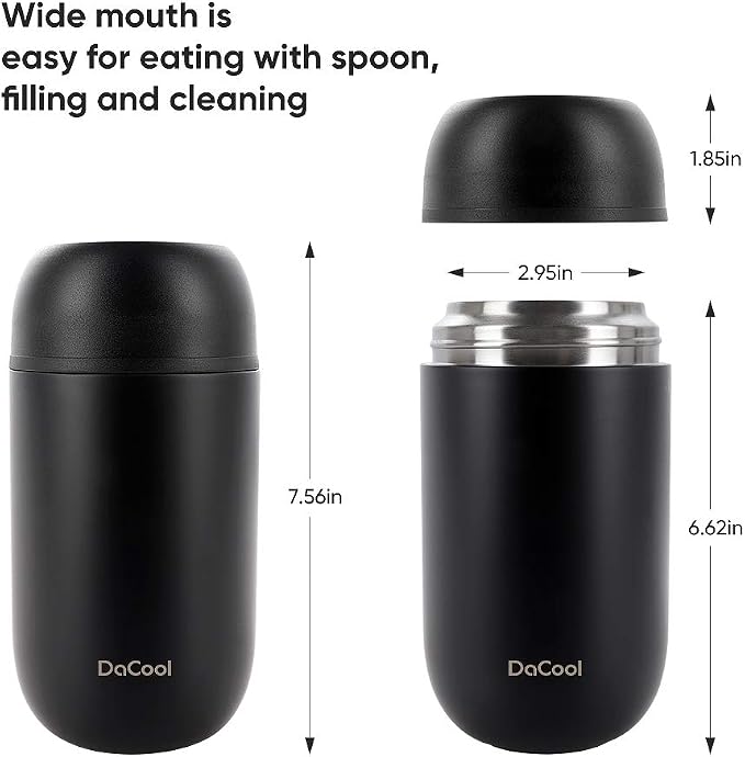 DaCool Adults Food Thermo for Hot Food 24 oz Insulated Food Jar Insulated Lunch Container Vacuum Stainless Steel Soup Thermo for Women Man Leakproof for Office Picnic Travel Outdoors, Black