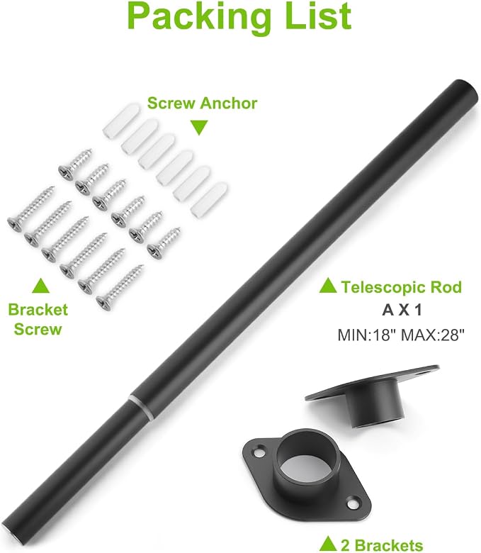 Closet Rod for Hanging Clothes, 18 to 28 Inches Adjustable Clothes Rod for Closet, Matte Black