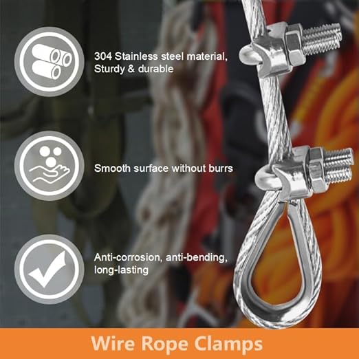 12 Pcs M5 Cable Clamps,Wire Rope Clamp,6 Pcs 3/16" Thimble | Stainless Steel Smooth Rods for Industry, Metal Working Hobbies and DIY Craft