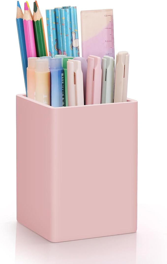 Pen Holder for Desk,Nordic Elegance Square Silicone Pencil Holder Soft Minimalist Desk Pen Cup Stand Waterproof Multifunctional Office Supplies for Home,Kids and School(Pink)