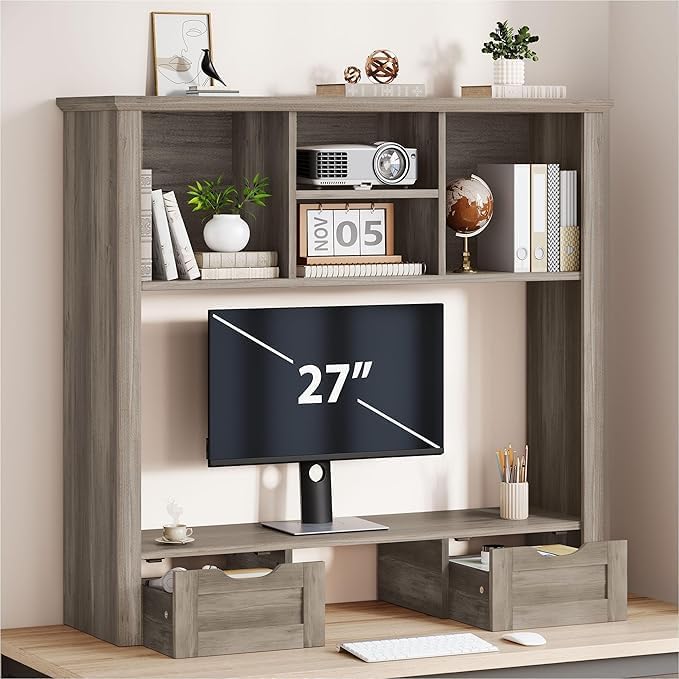 Desk Shelf with Computer Monitor Stand, 37.4''W Desktop Bookshelf Display Rack, Desktop Organizer Storage Rack with Cubbies & Drawers, 5-Tier Hutch for Home, Office, Dorm, Vanity, Grey