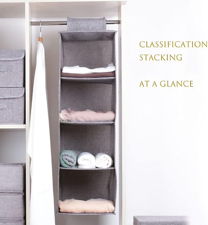 Tinyuet Hanging Closet Organizer, 4-Shelf Collapsible Hanging Closet Shelves, Hanging Organizer for Closet & RV, 31.5" H X 10.6" W X 10.6" D - Gray