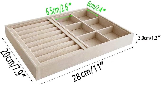 Premium Grade Beige Velvet Jewelry Organization Trays Rings and Accessory Stacklabe Organizer Drawer Insert Closet Divider Table Top