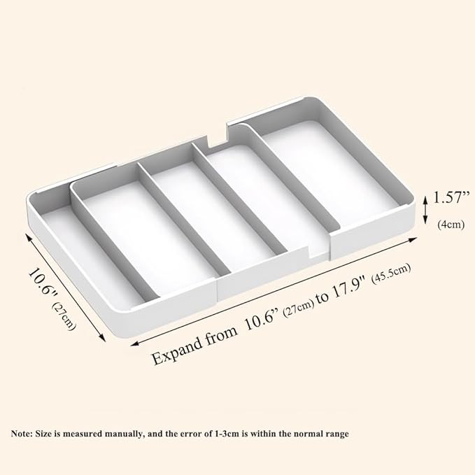 Shallow Drawer Organizer (1.57" H), Modular Expandable Desk Divider (Width 10.6"-17.9" OR Length 16.1"), Detachable Tray for Office Stationery, Makeup, Kitchen Utensils, White