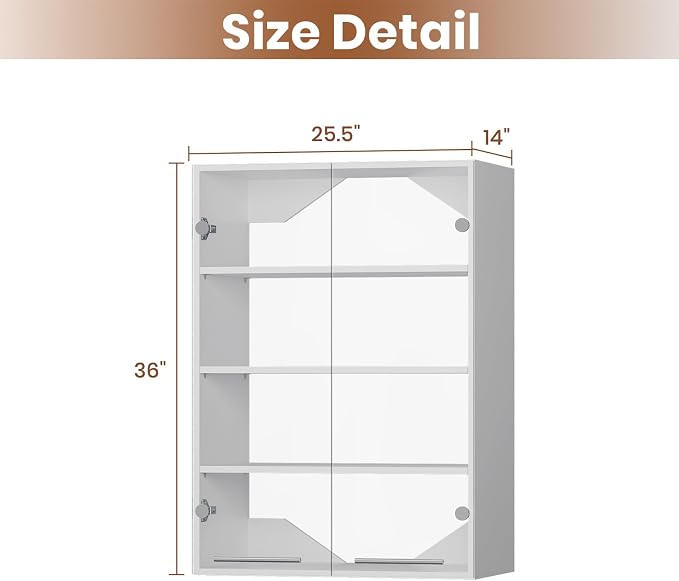 ROOMTEC 25.5" Shlef Tower Wardrobe Closet with Clear Glass Doors, Wall Mounted Modular Closet System, Clothes Storage Unit for Bedroom or Walk-in Closet, White