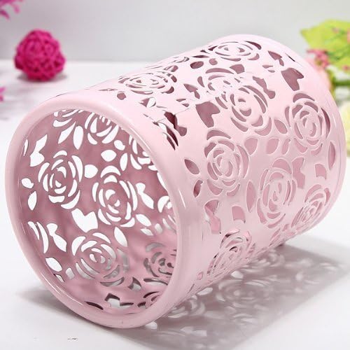 2 Pack Hollow Rose Flower Pattern Metal Pen Pencil Pot Cup Holder Desk Container Organizer,2 Pieces,Pink
