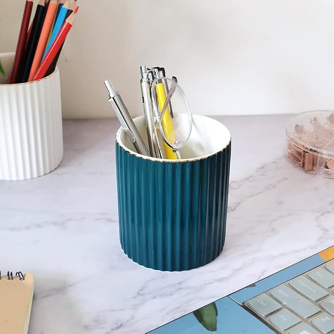 CROWNOS Pen Holder for Desk, Ceramic Pencil Cup Office Desk Organizer, Makeup Brush Holder, Green