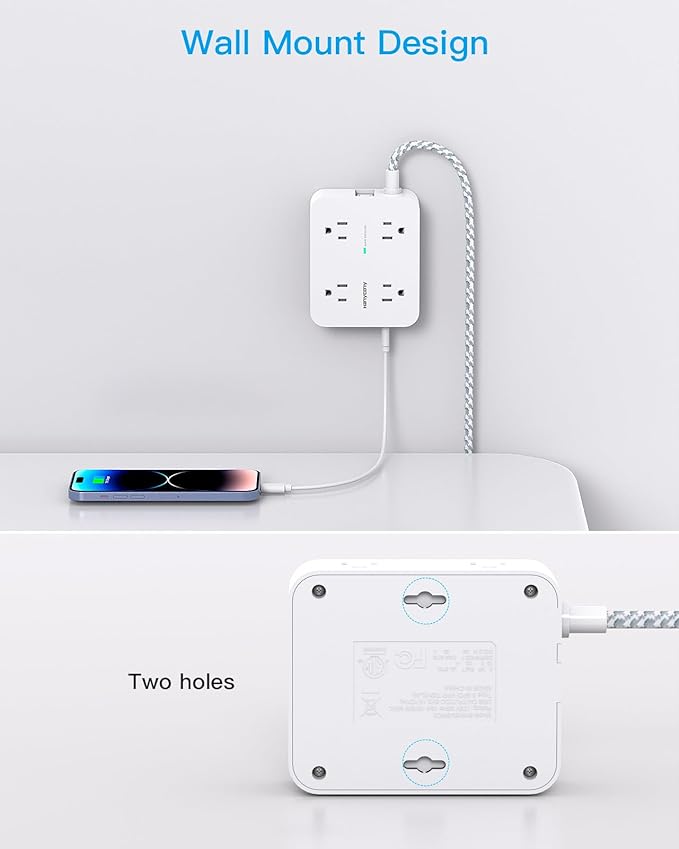 10 Ft Surge Protector Power Strip, HANYCONY Extension Cord with 8 AC Outlets 4 USB (2 USB C) Ports, Flat Plug, Wall Mount Desk USB Charging Station for Home