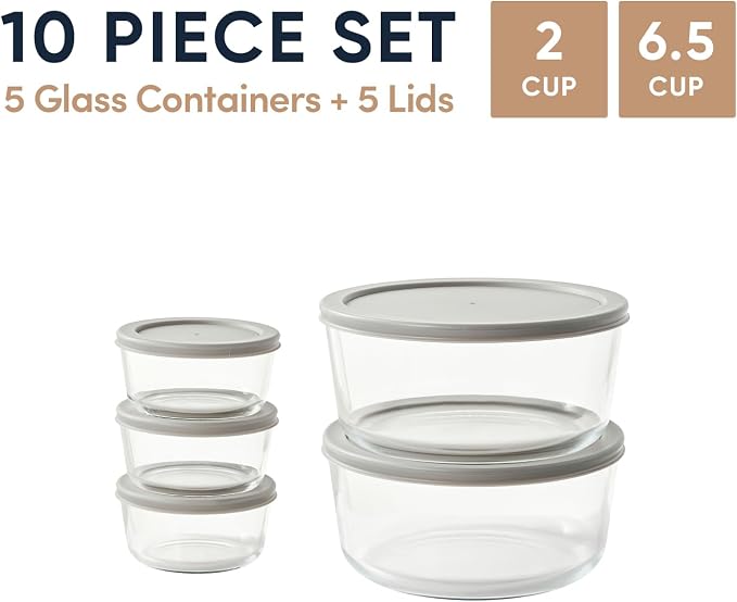 10-Piece Glass Food Storage Containers Set (5 Containers + 5 BPA-Free Lids) | 2-Cup & 6.5-Cup, Leakproof | Microwave, Freezer, Oven & Dishwasher Safe | Ideal for Meal Prep & Pantry Organization, Grey