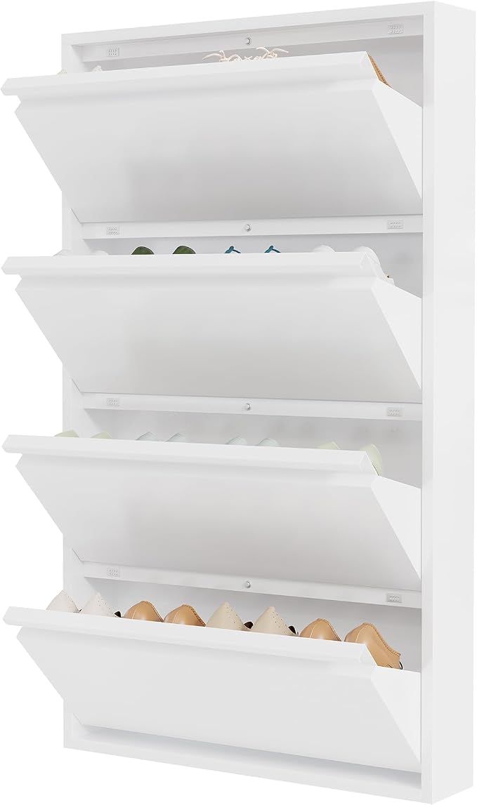 Garvee Slim Metal Shoe Cabinet with 4 Flip Drawers, Narrow Shoe Storage for Entryway, Wall Mounted or Floor Standing, Detachable Bottom Corners for Flexible Placement, Anti-Tip Safety Wall Mount