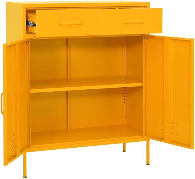 Mustard Yellow Steel Storage Cabinet with Adjustable Shelves and Feet, 2 Drawers and 2 Doors for Modern Living Room and Study Organization, Durable Metal Furniture with Wall