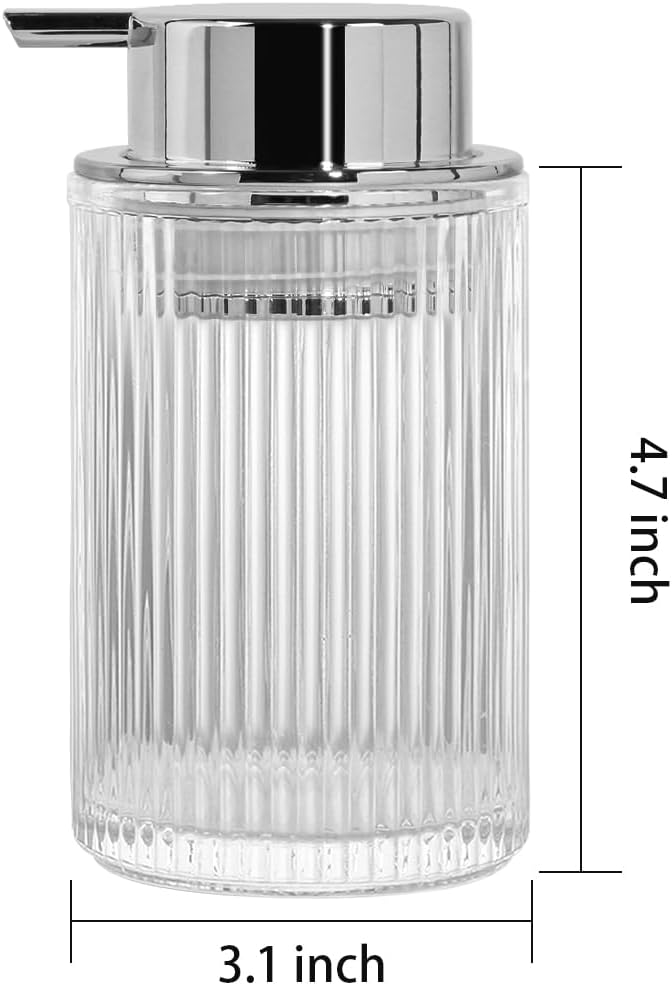 Foaming Soap Dispenser, 12 Oz Thick Glass Foam Hand Soap Dispenser, Refillable Glass Foam Pump Bottle Container Decorative Slim Ribbed Bottle for Bathroom and Kitchen (2, Clear Silver)