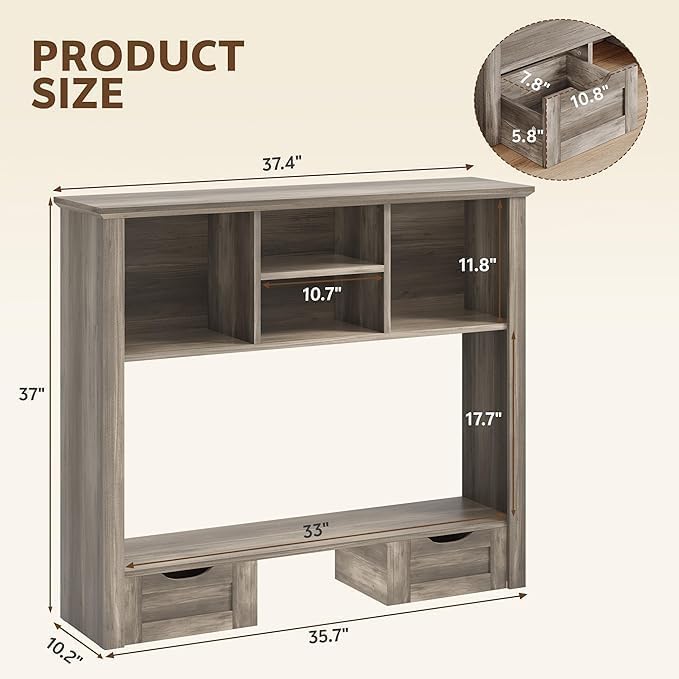Desk Shelf with Computer Monitor Stand, 37.4''W Desktop Bookshelf Display Rack, Desktop Organizer Storage Rack with Cubbies & Drawers, 5-Tier Hutch for Home, Office, Dorm, Vanity, Grey