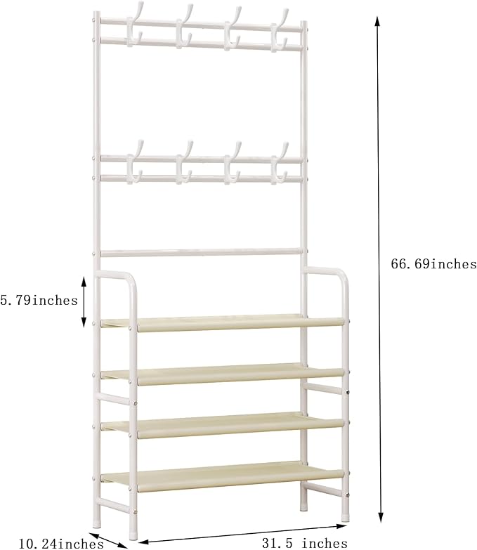 Coat Rack Shoe Rack With Storage Shelf Freestanding with 8 Hooks for Entryway Bedroom Closet (White, 4Tiers)