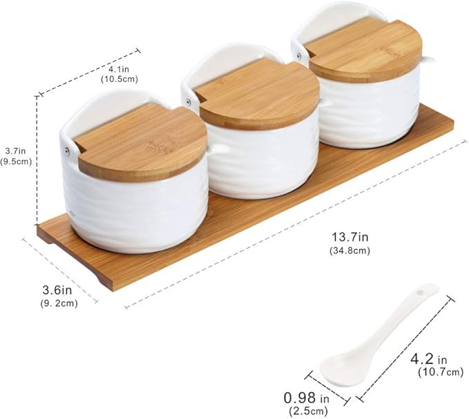 Ceramic Sugar Bowl with Bamboo Lids and Spoons Serving Tray, Porcelain Sugar Container for Sugar Tea Coffee Spice,Salt Condiment with Chalkboard Labels for Home Kitchen ,9.1 fl oz 270 ML,3PCS