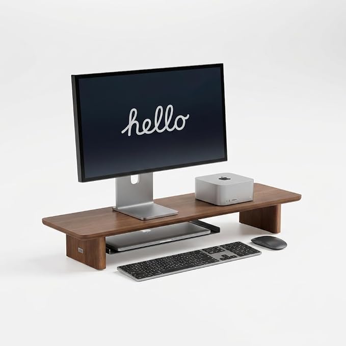 Walnut Single Monitor Stand Riser - 31.5" Wooden Monitor Stand for iMac, Laptop & Monitor, Minimalist Desk Shelf Organizer, Natural Wood Grain
