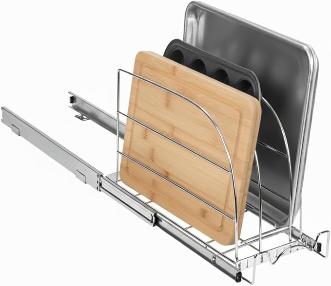 HOLDN’ STORAGE Pull Out Organizer for Bakeware, Cutting Board and Trays, Adjustable Dividers - Heavy Duty, Lifetime Limited Warranty - For Narrow Cabinet Spaces, 10.5”W x 21”D x 11”H, Chrome