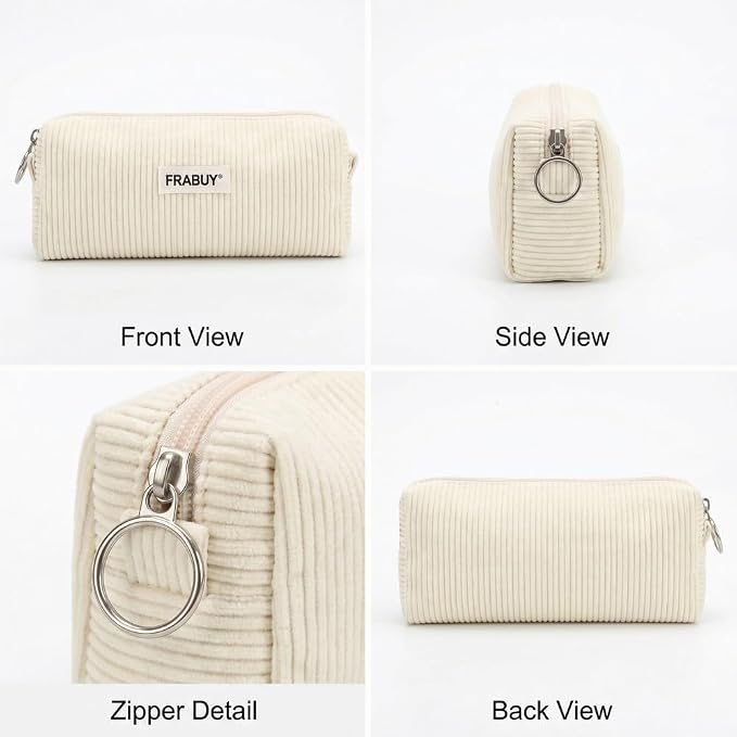 Soft Corduroy Pencil Case Pen Pouch Organizer, Small Stationery Bag | Cute white pencil pouch, smooth zipper, daily cosmetics holder, compact organizer for school teen girls, women