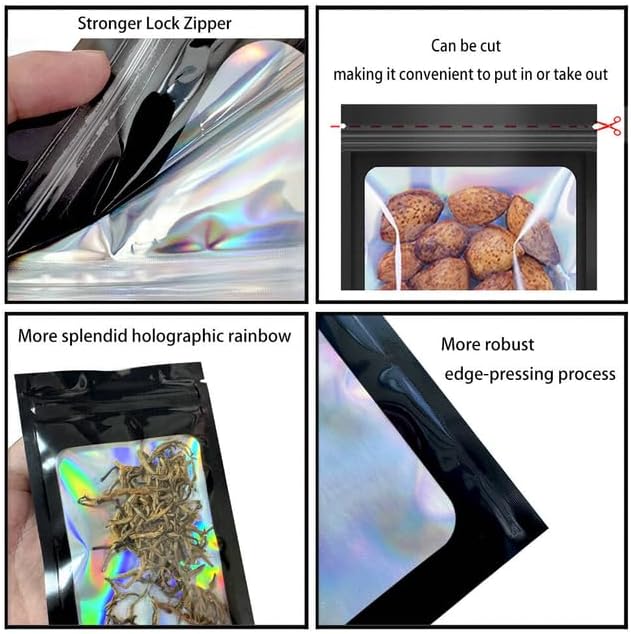 100 Pack Mylar Holographic Packaging Bags Resealable Candy Bags with Clear Window Foil Pouch Bag for Lipgloss, Jewelry, Sample Bag for Small Business (Black, 3.9x7.1 Inch)