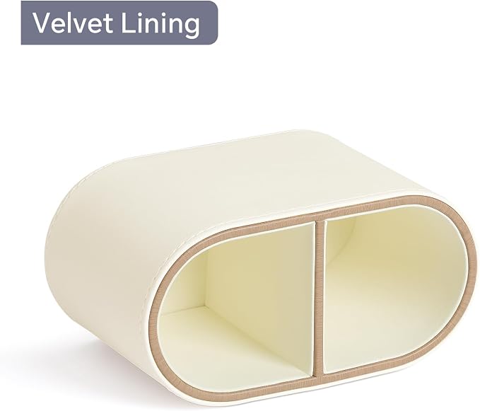 Pen Holder for Desk, Small Remote Control Holder, Beige | 2-Compartment Oval Pencil Cup with Soft Velvet Lining, PU Leather Desktop Organizer Caddy for Home School Office Desk