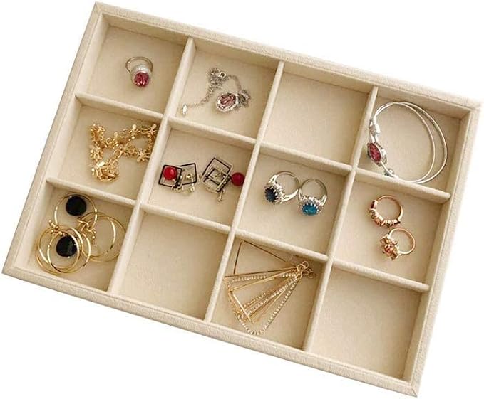 Beige Velvet Jewelry Accessory Organizer Tray 12 Compartment, Stackable Ring & Earring Display Tray, Removable Dividers, Slim Drawer Insert for Rings Earrings Small Jewelry, Dressing Table