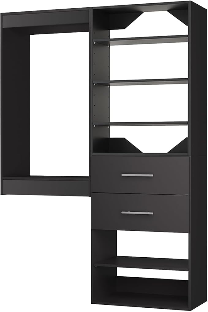 ROOMTEC Modular Closet System, 64" Wall Mounted Closet Organizer with Hanging Rods and Drawers, Wooden Tower for Walk-In Closets, Wardrobe Storage Kit, Black