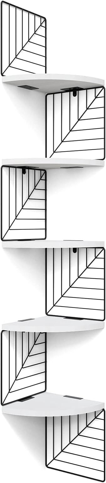Love-KANKEI Corner Wall Shelf 5 Tier,Solid Wood/Metal Bracket,51"Tall,White | Easy to Install,Leaf-Shaped Floating Wall Shelves,Capacity 44 Lbs,For Bedroom Living Room Bathroom Kitchen Office,Display