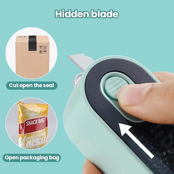 New Mini Bag Sealer with Cutter - USB Rechargeable Chip Bag Sealer, Heat Seal Portable Resealer for Snacks & Food Storage (White+Green, 2pcs)