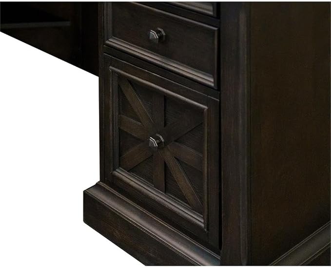Pemberly Row 66" W Wood L-Desk & Return Writing Table, Dark Brown Finish, Keyboard Drawer, Locking File Drawers, Utility Storage, Wire Management, AC Power Outlets, Home Office Desk