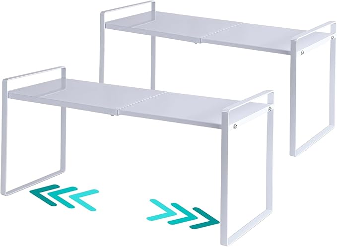 2 Pack Expandable Cabinet Shelf Organizer Riser for Kitchen Pantry Cupboard Under Sink Countertop (2 pack 8.2’’D * 12.2-21.6’’W * 10.4’’H) (white)